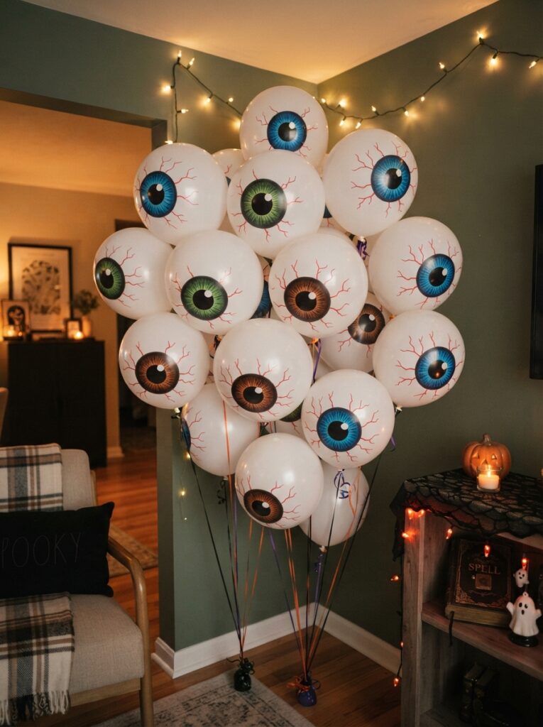 ![A cluster of oversized white Halloween eyeball balloons gathered in the corner of a living room, each balloon featuring a different blue, green, or brown iris with detailed dark pupils and thin red veins, soft warm party lighting, subtle black and orange Halloween decorations nearby, playful creepy atmosphere, realistic photography, vertical Pinterest image, no text.]