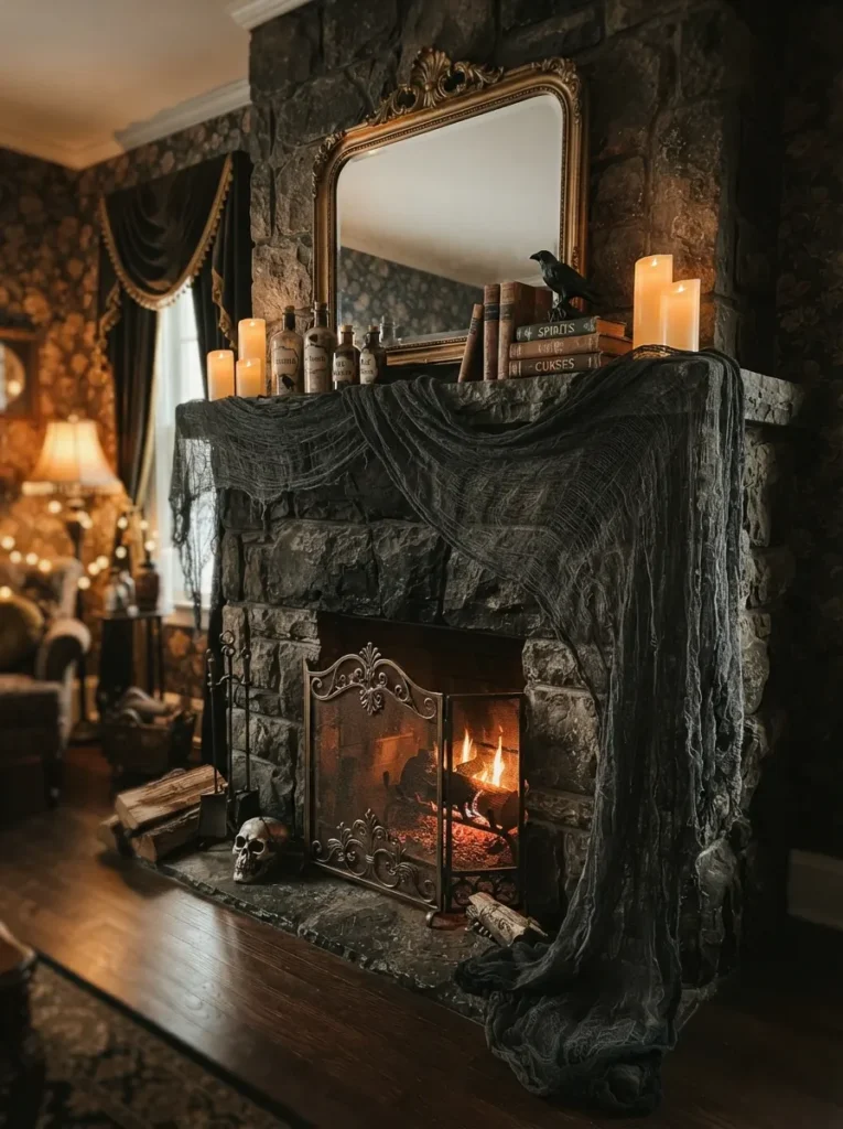 ![Tattered black gauze fabric draped elegantly over a stone fireplace mantel, cascading down one side, softly blurring the edges of the display, warm room lighting, vertical Pinterest photography, haunted parlor styling.]