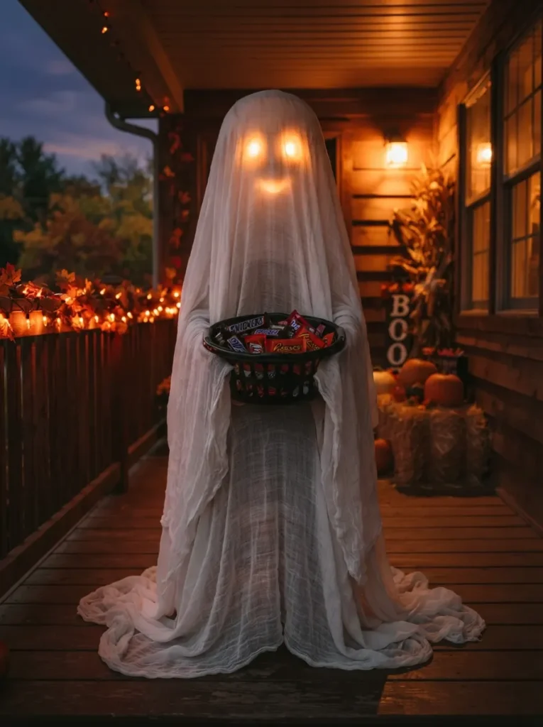 ![Stacked laundry-basket ghost candy bowl covered in white fabric with glowing LED eyes, soft orange porch lighting at dusk, vertical Pinterest photography, spooky giant-ghost styling.]