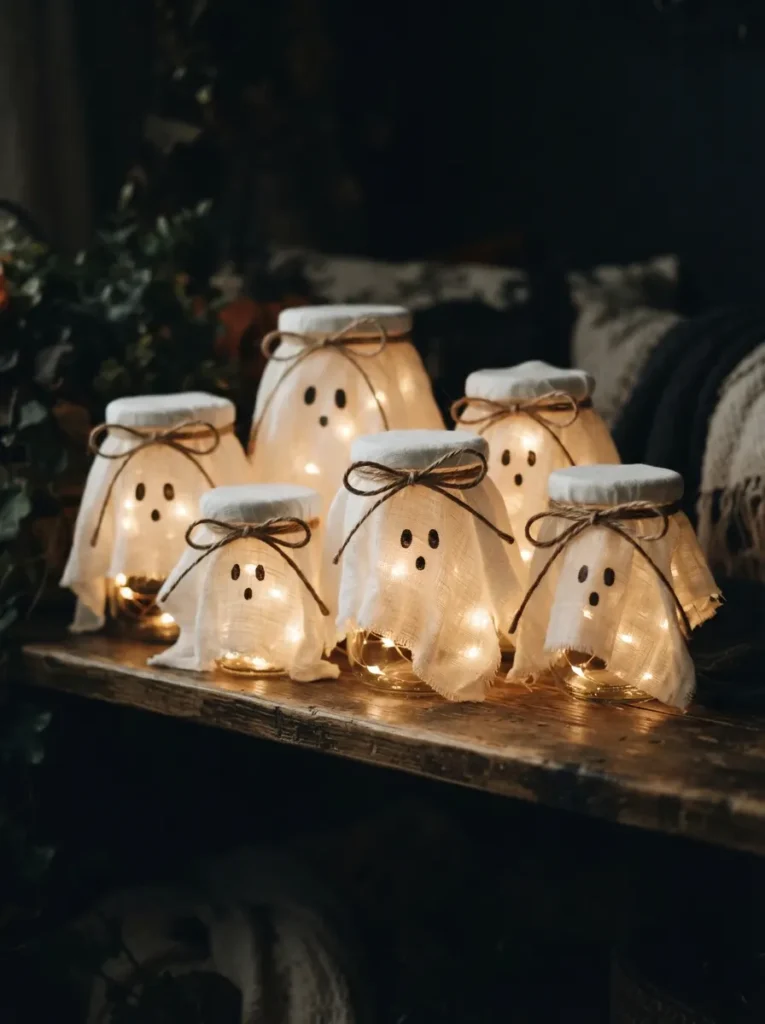 ![Group of fabric-covered ghost jars filled with warm fairy lights glowing softly, dark background, vertical Pinterest photography, fairy-light-ghost-jar styling.]