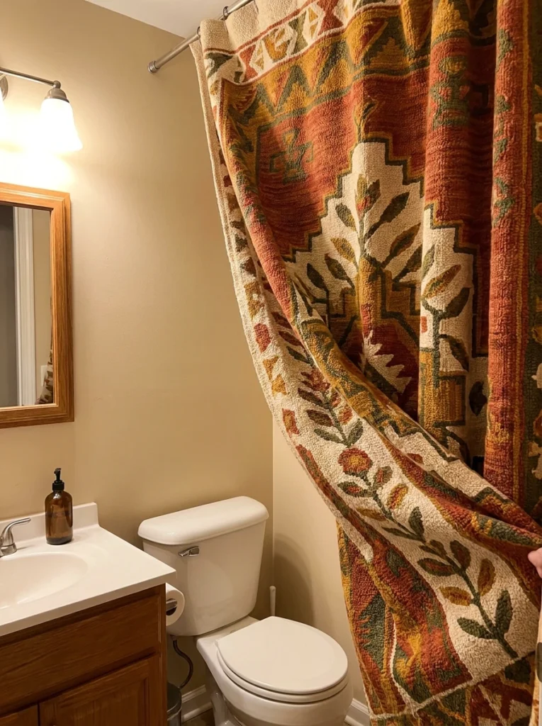 A patterned fabric shower curtain in a small rental bathroom, adding texture and color, warm bathroom lighting, vertical Pinterest photography, warm textured-curtain styling.