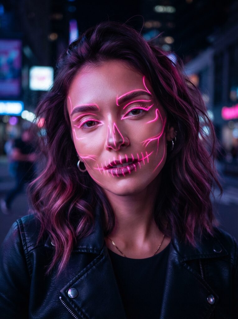 ![A close-up of a face with a pale, matte base, featuring delicate, jagged black eyeliner branches resembling cracked porcelain, emphasizing negative space, soft diffused light, vertical Pinterest photography, cracked doll makeup styling.]