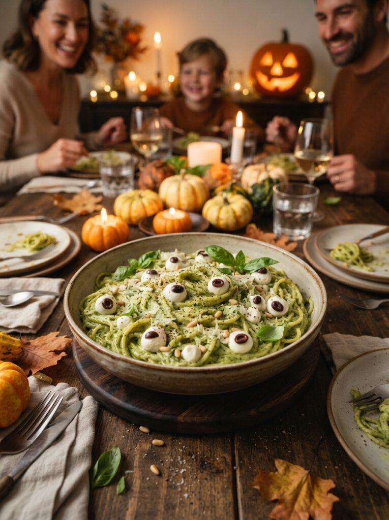 ![A cozy Halloween dinner plate featuring fluffy mashed potatoes shaped into three small ghost mounds with tiny black olive eyes, served beside golden roasted chicken, glazed carrots and green beans, warm gravy in a small bowl, rustic family dining table with pumpkins and candles, warm golden lighting, appetizing realistic food photography, vertical Pinterest composition, no text.]