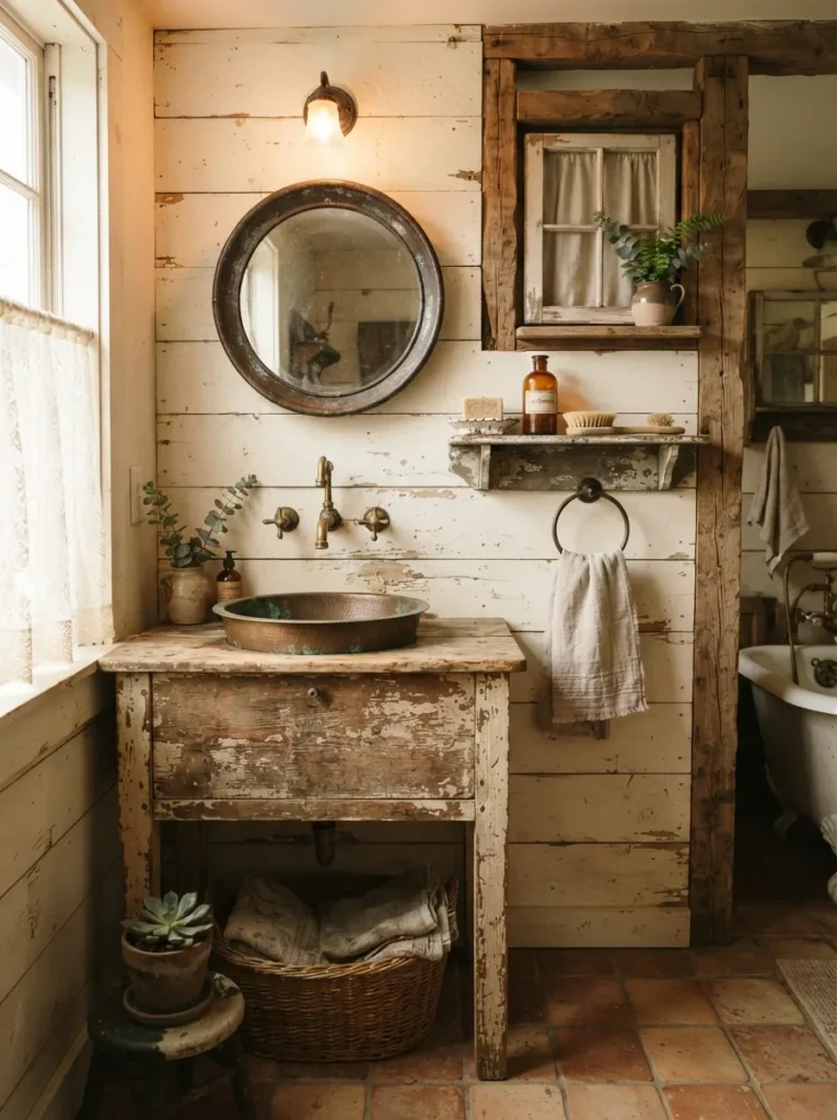 ![Weathered, imperfect materials in a farmhouse bathroom, natural aging embraced as character, warm bathroom lighting, vertical Pinterest photography, warm weathered-material styling.]
