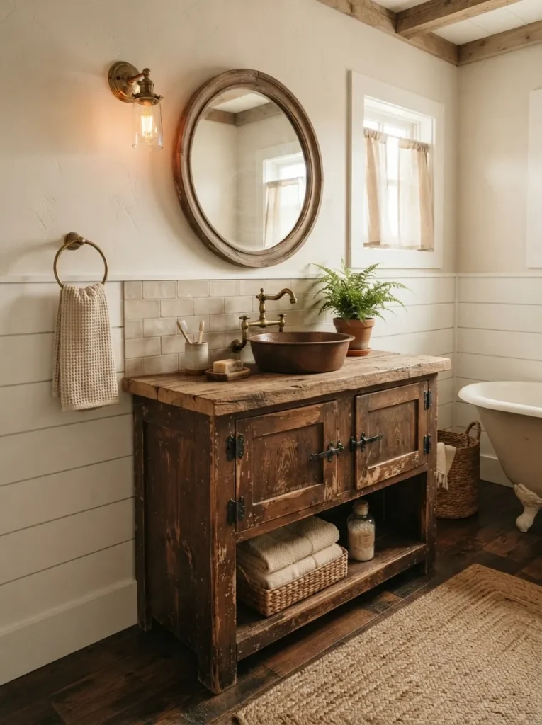 ![A freestanding farmhouse vanity with a distressed wood finish, looking repurposed from another use, warm bathroom lighting, vertical Pinterest photography, warm freestanding-vanity styling.]