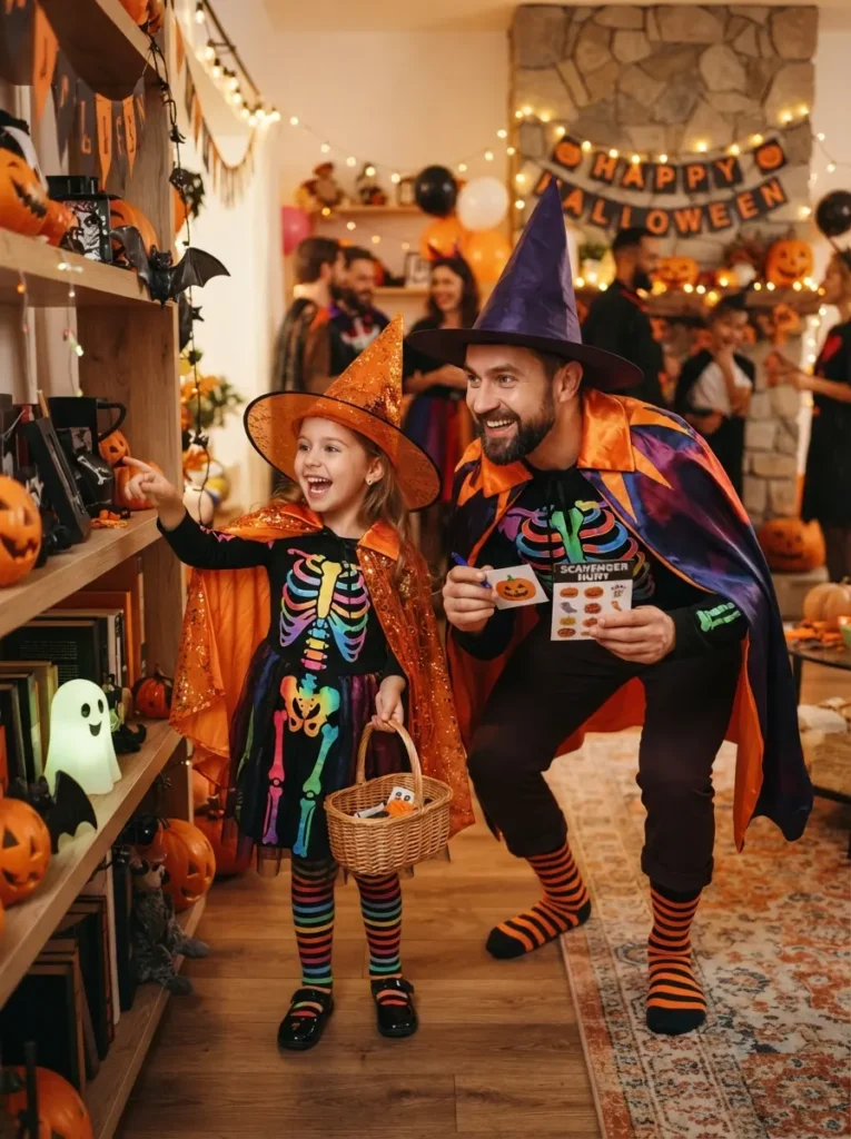 A family Halloween costume scavenger hunt with participants wearing witch hats, capes, skeleton details, striped socks, and colorful costumes, festive indoor party setting, vertical Pinterest photography.