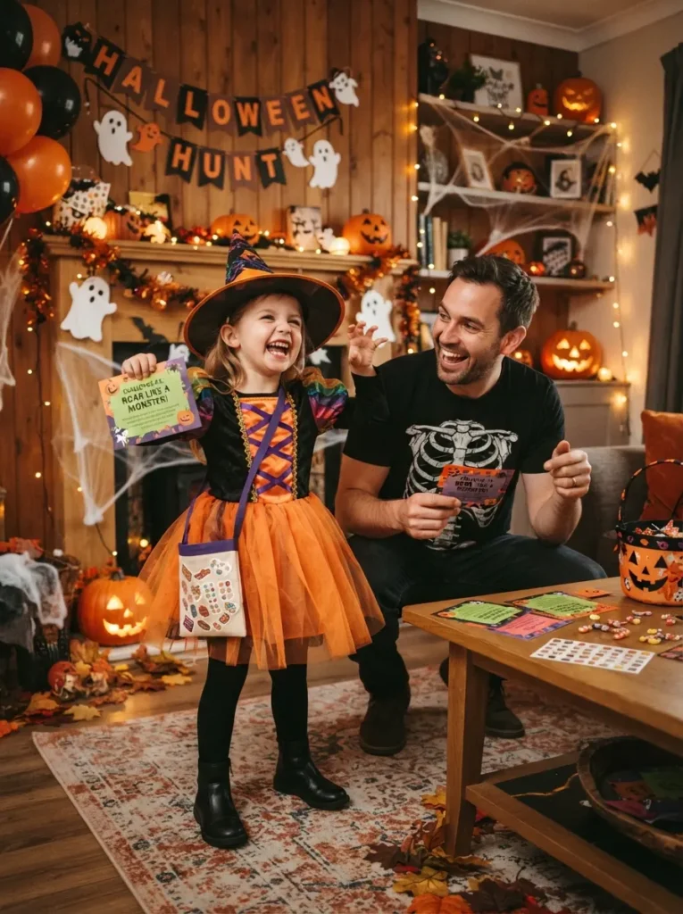 A family Halloween treat-or-task scavenger hunt with colorful cards, candy, stickers, pumpkins, and children completing silly monster challenges in a decorated living room, vertical Pinterest photography.