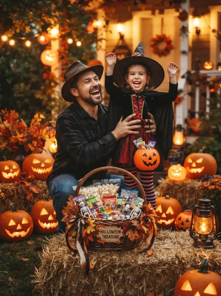 A Halloween treasure hunt finale with a decorated basket filled with popcorn, candy, small toys, and treats, family members celebrating beside pumpkins and warm lanterns, vertical Pinterest photography.