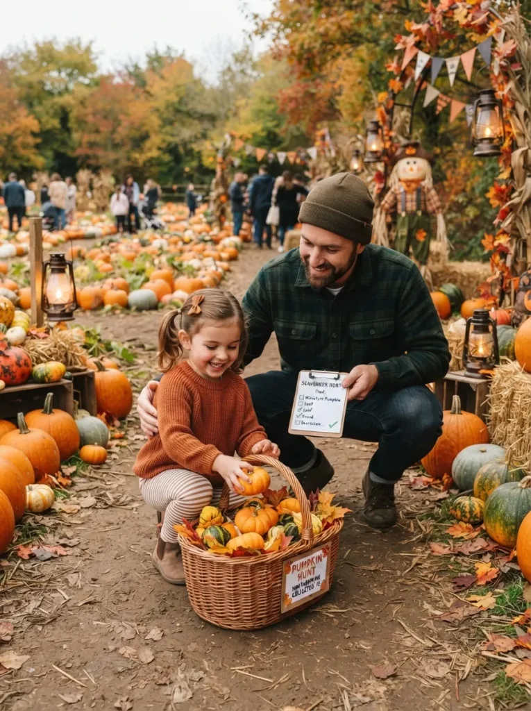 A family pumpkin patch scavenger hunt with children collecting miniature pumpkins in baskets, autumn leaves, lanterns, and Halloween decorations, vertical Pinterest photography.