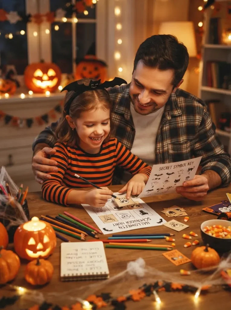 A Halloween secret code scavenger hunt with children decoding symbol cards at a table covered in pencils, pumpkins, candy, and spooky stationery, warm evening lighting, vertical Pinterest photography.