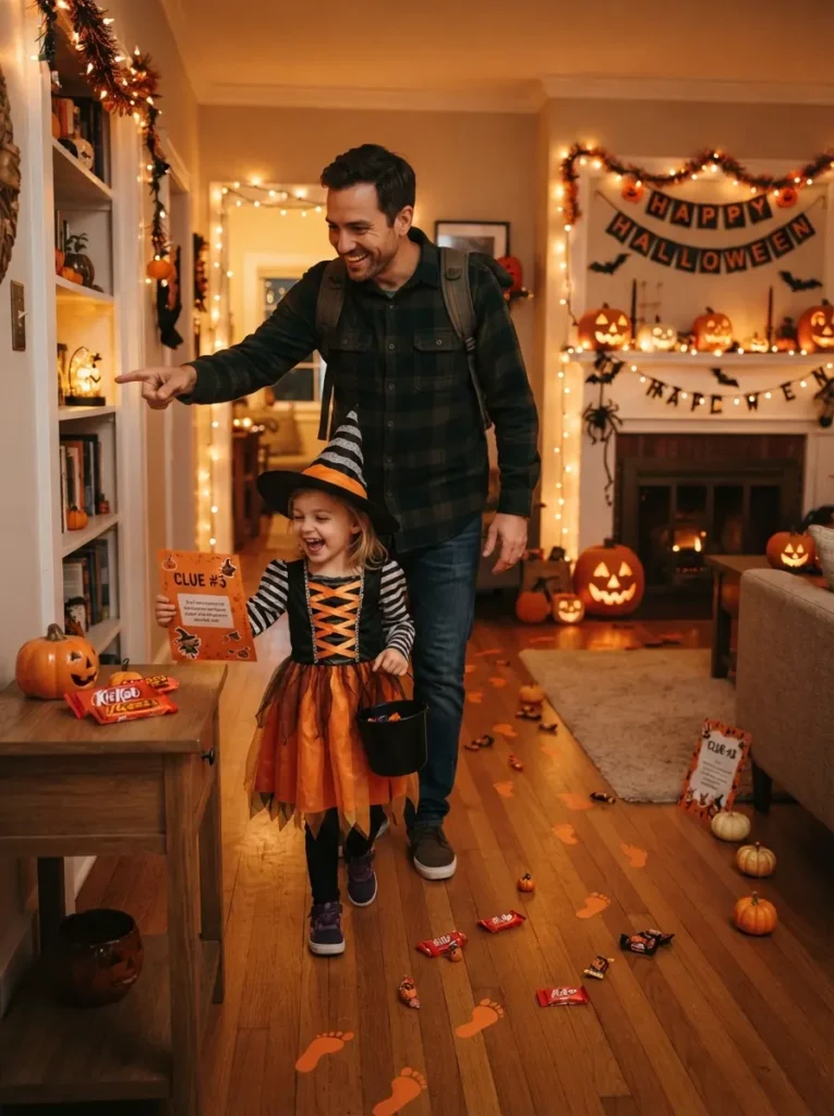 A Halloween candy clue trail with wrapped treats, orange and black cards, pumpkins, and family members following clues through a decorated home, vertical Pinterest photography.