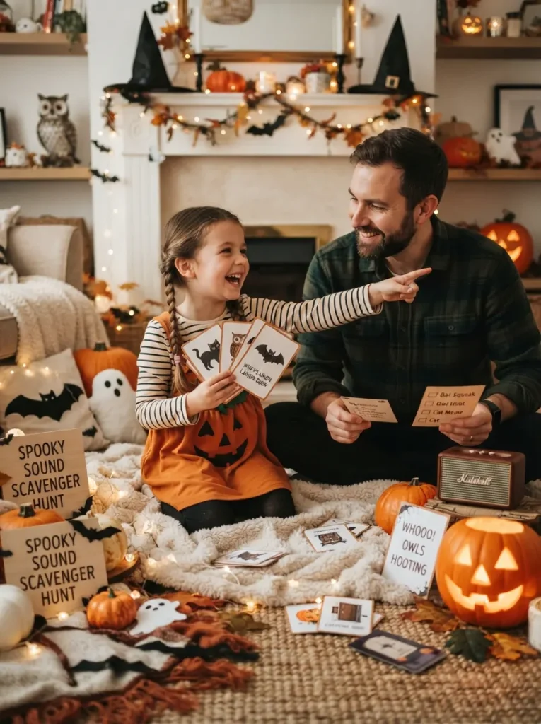 A family playing a gentle Halloween sound scavenger hunt with picture cards, a small speaker, pumpkins, blankets, and cozy spooky decorations, vertical Pinterest photography.