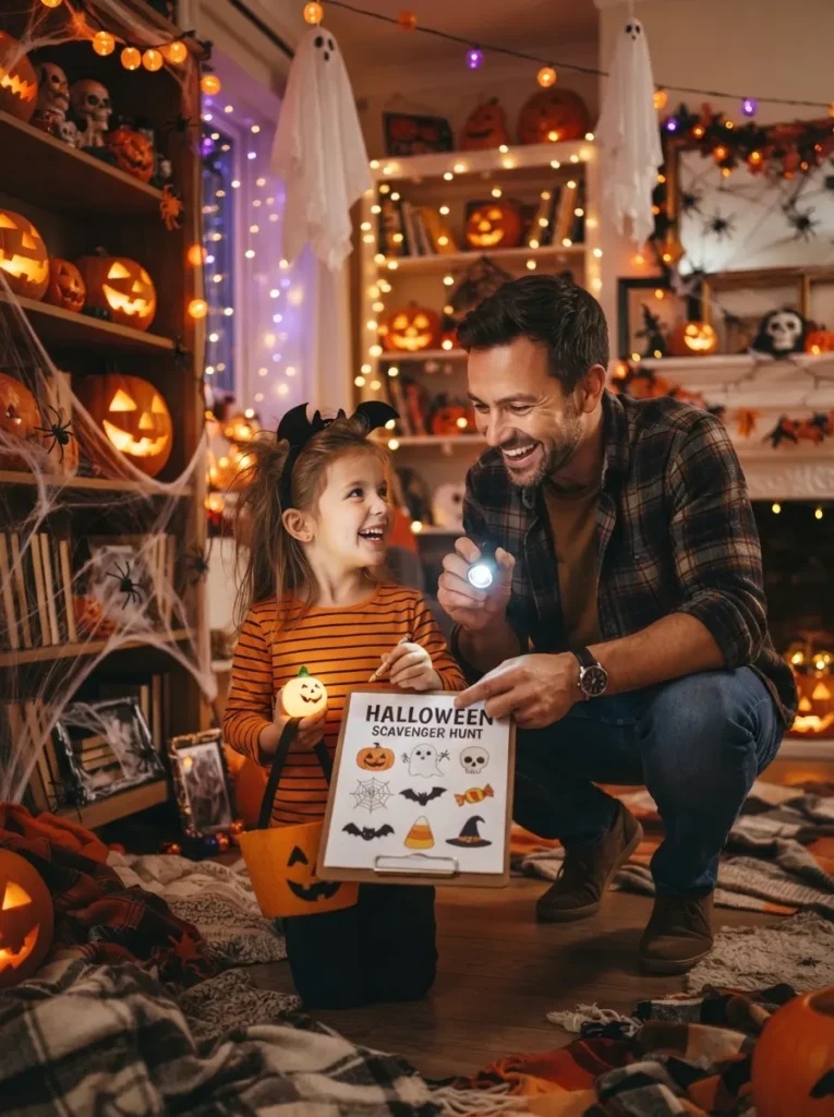 A family enjoying a Halloween scavenger hunt indoors with flashlights, picture checklists, pumpkins, ghosts, spiderwebs, and colorful seasonal decorations, cozy evening lighting, vertical Pinterest photography.