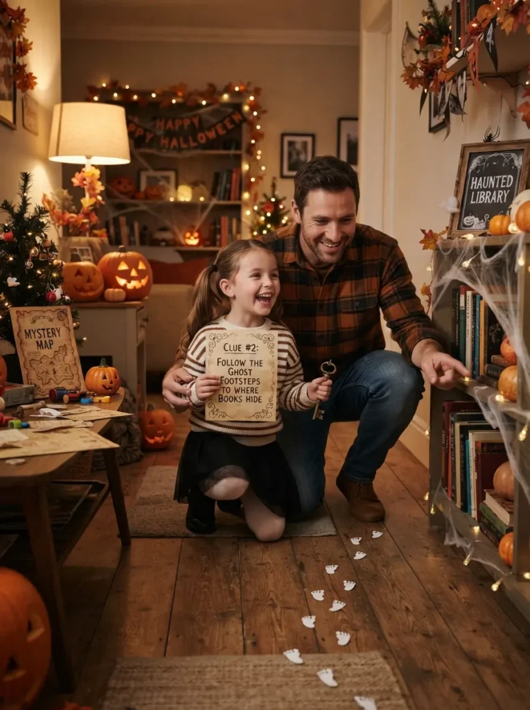 A family solving a playful haunted house mystery with paper clues, toy keys, footprints, pumpkins, and gentle spooky decorations in a cozy home, vertical Pinterest photography.
