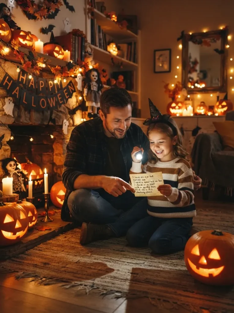 Halloween riddle cards hidden around a cozy home, family members solving clues with flashlights near pumpkins, candles, and spooky decorations, vertical Pinterest photography.