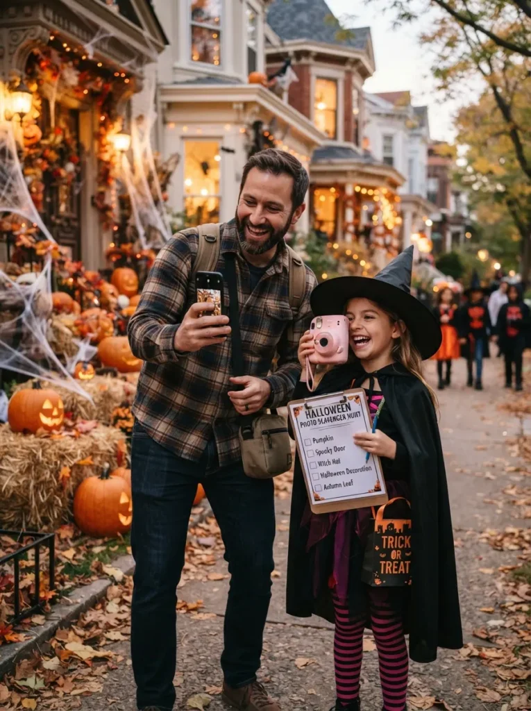 Family members completing a Halloween photo scavenger hunt with phones and instant cameras, photographing pumpkins, decorated doors, costumes, and autumn scenes, vertical Pinterest photography.
