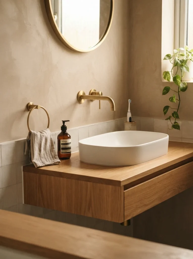 A wall-mounted faucet above a modern bathroom sink, streamlined counter profile, warm bathroom lighting, vertical Pinterest photography, warm wall-mounted-faucet styling.