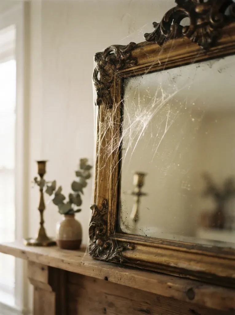 ![Whisper-thin, ultra-stretched faux spider webs delicately covering the corner of an antique mantel mirror, catching soft light reflections, realistic and subtle, vertical Pinterest photography, minimalist web styling.]