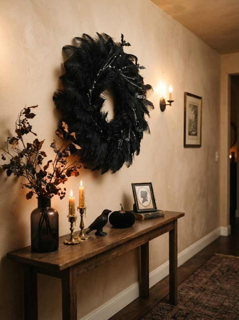 ![A luxurious black feather Halloween wreath displayed on a warm beige hallway wall above a narrow wooden console table, dense soft black feathers creating a dramatic circular shape, a few tiny black bats and subtle silver accents, candles and dark autumn branches on the console, warm low lighting, elegant gothic Halloween aesthetic, realistic interior photography, vertical Pinterest composition, no text.]
