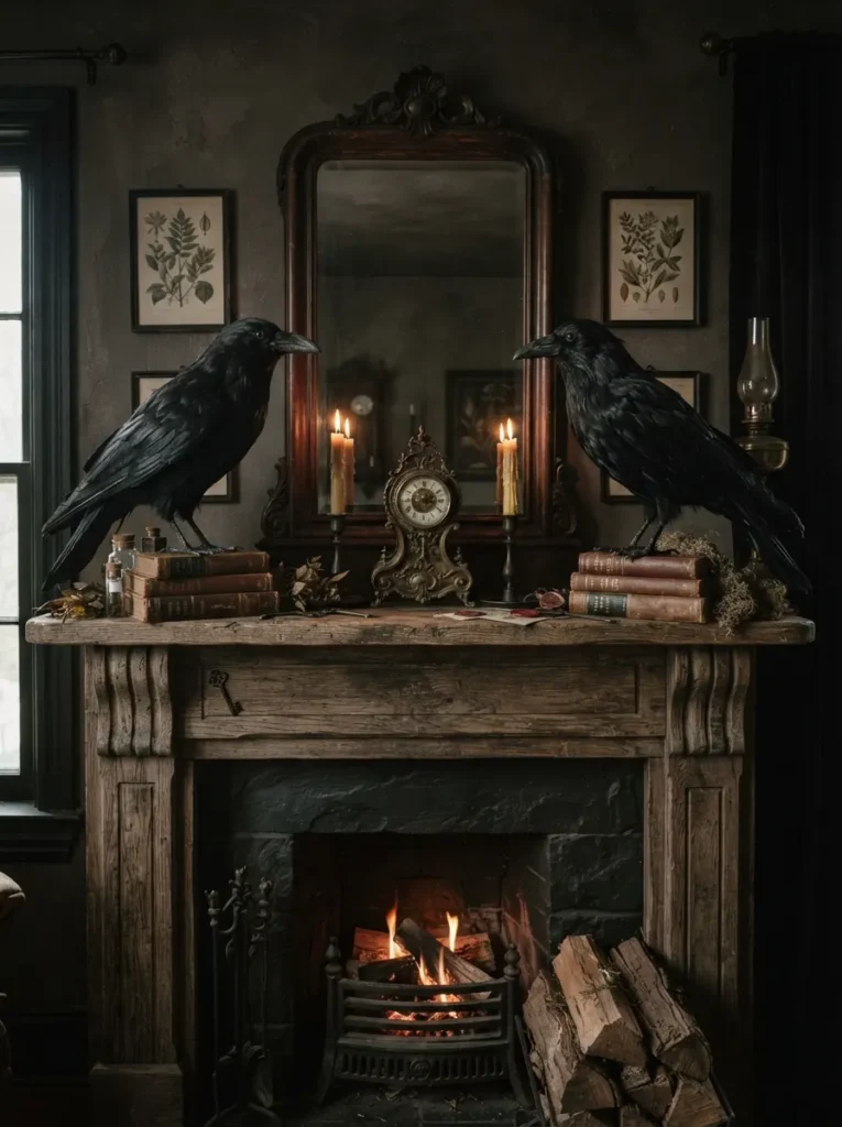 ![Two highly realistic feathered faux ravens perched symmetrically on opposite ends of a rustic wood mantel, moody atmosphere, soft ambient lighting, vertical Pinterest photography, gothic Edgar Allan Poe styling.]