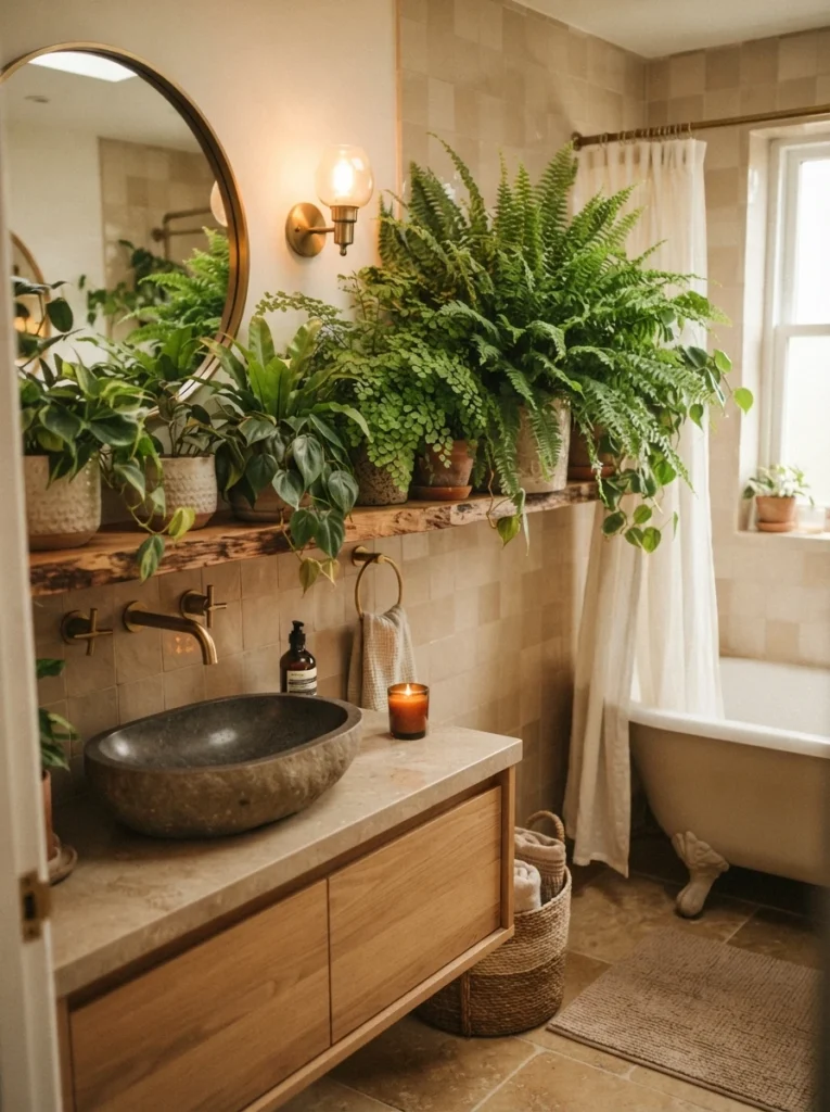 Humidity-loving plants like ferns placed in a spa-style bathroom, adding natural greenery, warm bathroom lighting, vertical Pinterest photography, warm plant-accent styling