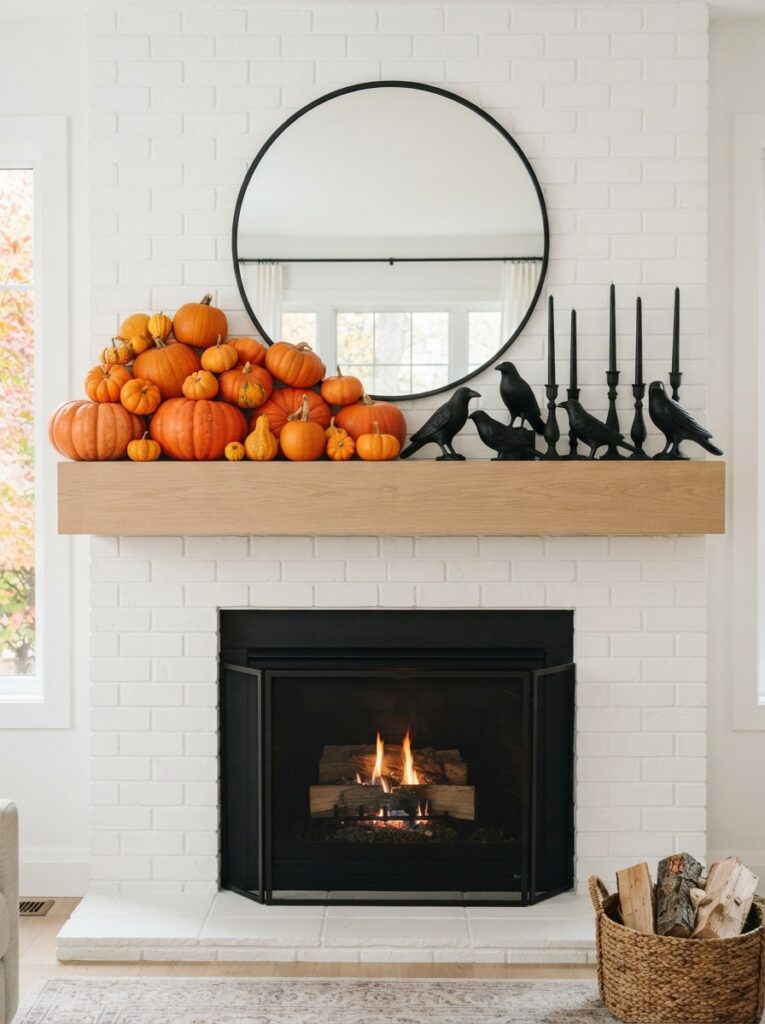 ![A fireplace mantel styled with strict color-blocking, featuring a dense cluster of orange pumpkins on the left transitioning into a cluster of matte black crows and candlesticks on the right, crisp lighting, vertical Pinterest photography, color-blocked modern styling.]