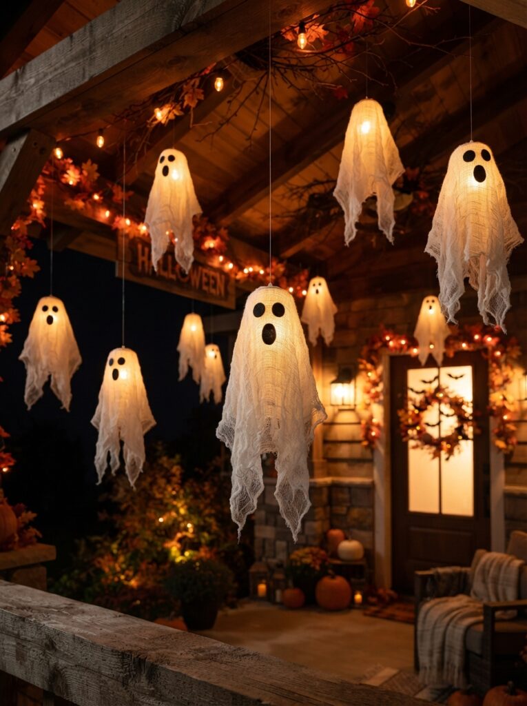 ![A group of handmade floating ghost lanterns hanging from a covered Halloween porch at night, white cheesecloth draped loosely over glowing round LED lights, simple black ghost faces, warm orange ambient lighting, subtle autumn leaves and pumpkins in the background, cozy spooky atmosphere, realistic home decor photography, vertical Pinterest composition, no text.]
