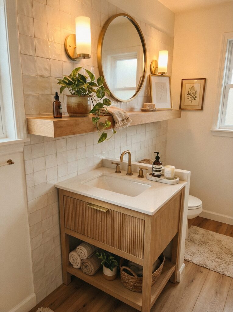 ![A floating shelf above a narrow bathroom vanity, replacing bulky cabinetry, warm bathroom lighting, vertical Pinterest photography, warm floating-shelf styling.]