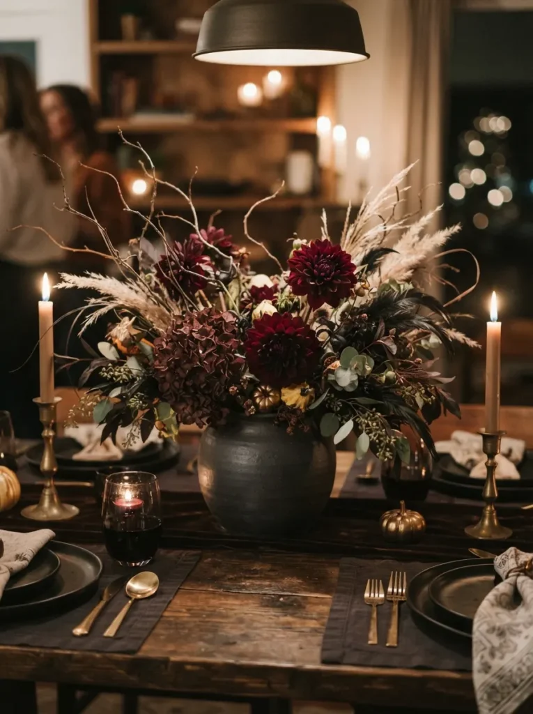 ![A low dark floral Halloween centerpiece with burgundy dahlias, dried hydrangeas, twisting branches, and ornamental grasses in a ceramic vase, warm dinner lighting, vertical Pinterest photography.]