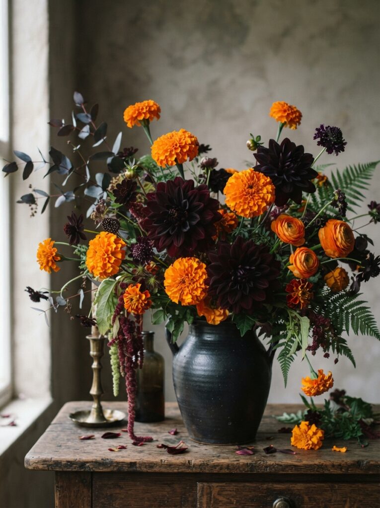 ![A lush floral arrangement in a black vase featuring deep black-burgundy dahlias and vibrant orange marigolds, striking color contrast, soft ambient light, vertical Pinterest photography, dark romantic floral styling.]