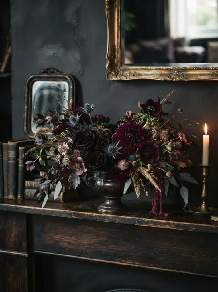 ![A lush, low floral arrangement featuring deep blackish-red roses, purple dahlias, and dried thistle resting on a mantel, elegant and moody, soft ambient lighting, vertical Pinterest photography, dark romantic floral styling.]