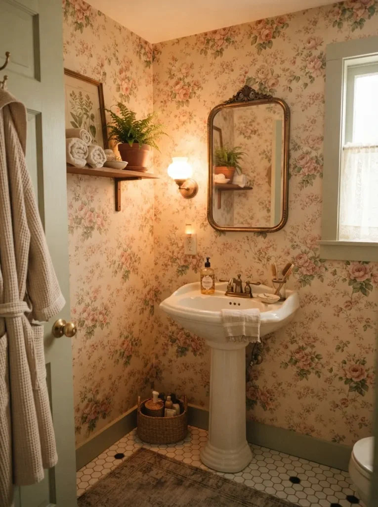 ![Blush pink walls mixed with green plants and wood cabinetry, layered family-friendly bathroom, warm bathroom lighting, vertical Pinterest photography, warm pink-green-mix styling.]