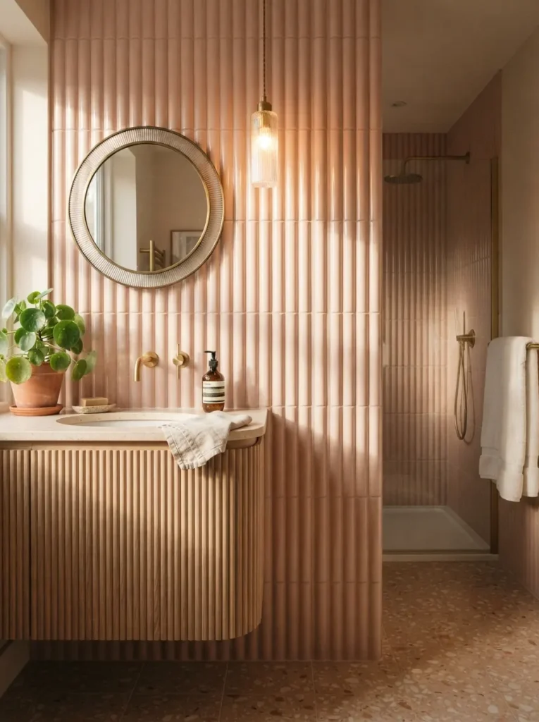 ![Fluted vertically ridged blush tile in a bathroom, catching light and shadow, warm bathroom lighting, vertical Pinterest photography, warm fluted-blush-tile styling.]