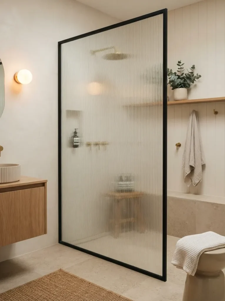 A fluted glass shower screen in a Japandi bathroom, softened sightline with visible texture, warm bathroom lighting, vertical Pinterest photography, warm fluted-glass styling.