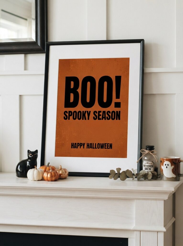 ![A framed modern art print featuring a Halloween quote in sharp black Futura Extra Bold Condensed typography on a burnt orange background, leaning on a white mantel, crisp studio lighting, vertical Pinterest photography, graphic design typographic styling.]