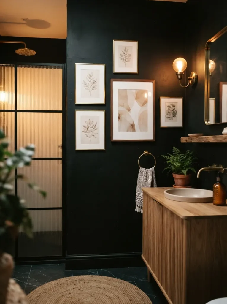 Framed artwork on deep black bathroom walls, softening the darkness, warm bathroom lighting, vertical Pinterest photography, warm framed-art-softening styling.