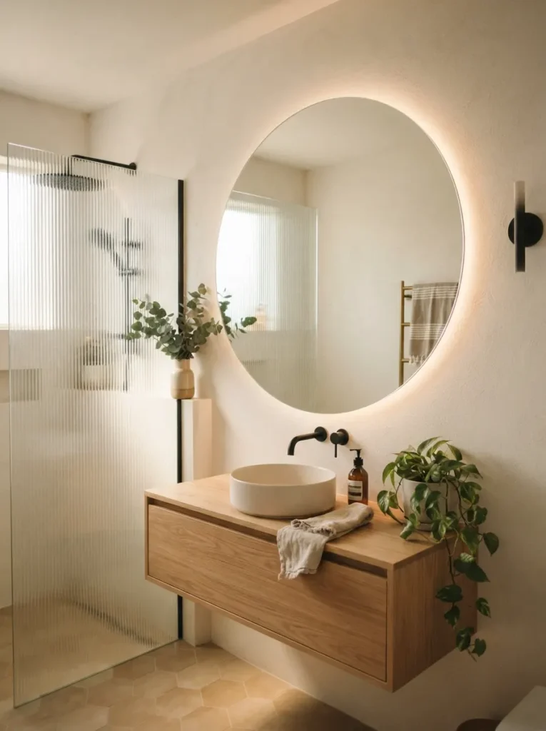 ![A deep-toned vanity in a bathroom, paired with marble surfaces for a hotel-suite feel, warm bathroom lighting, vertical Pinterest photography, warm deep-tone-vanity styling.]
