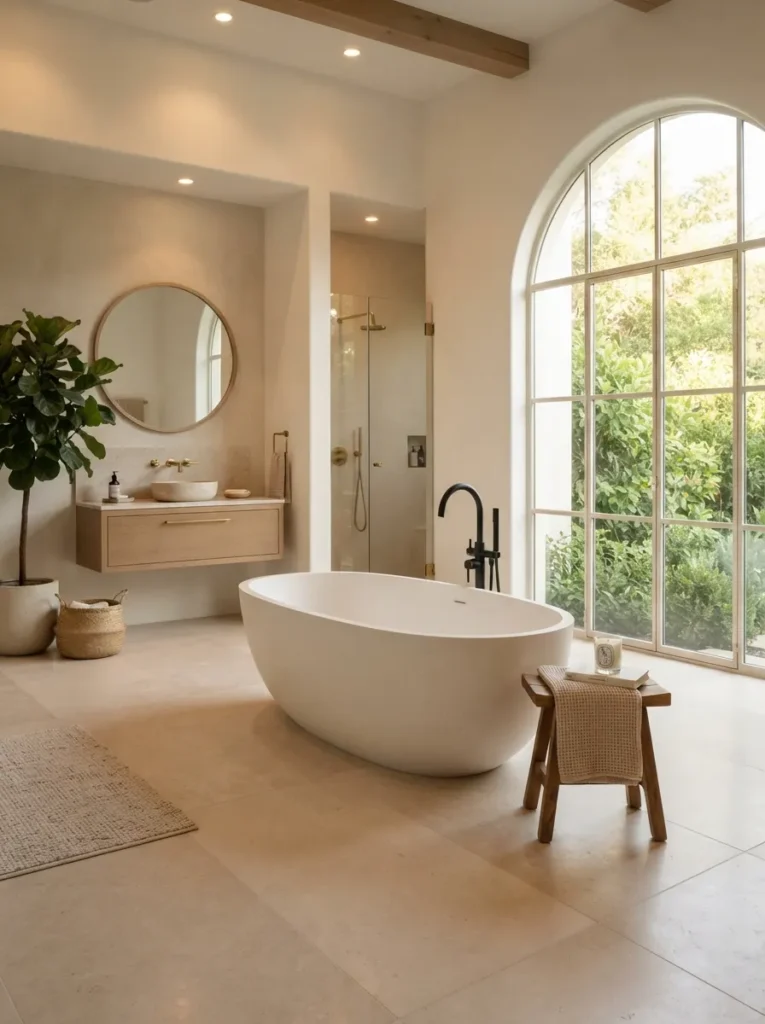 ![A freestanding bathtub with generous open floor space around it, communicating luxury through breathing room, warm bathroom lighting, vertical Pinterest photography, warm spacious-clearance styling.]