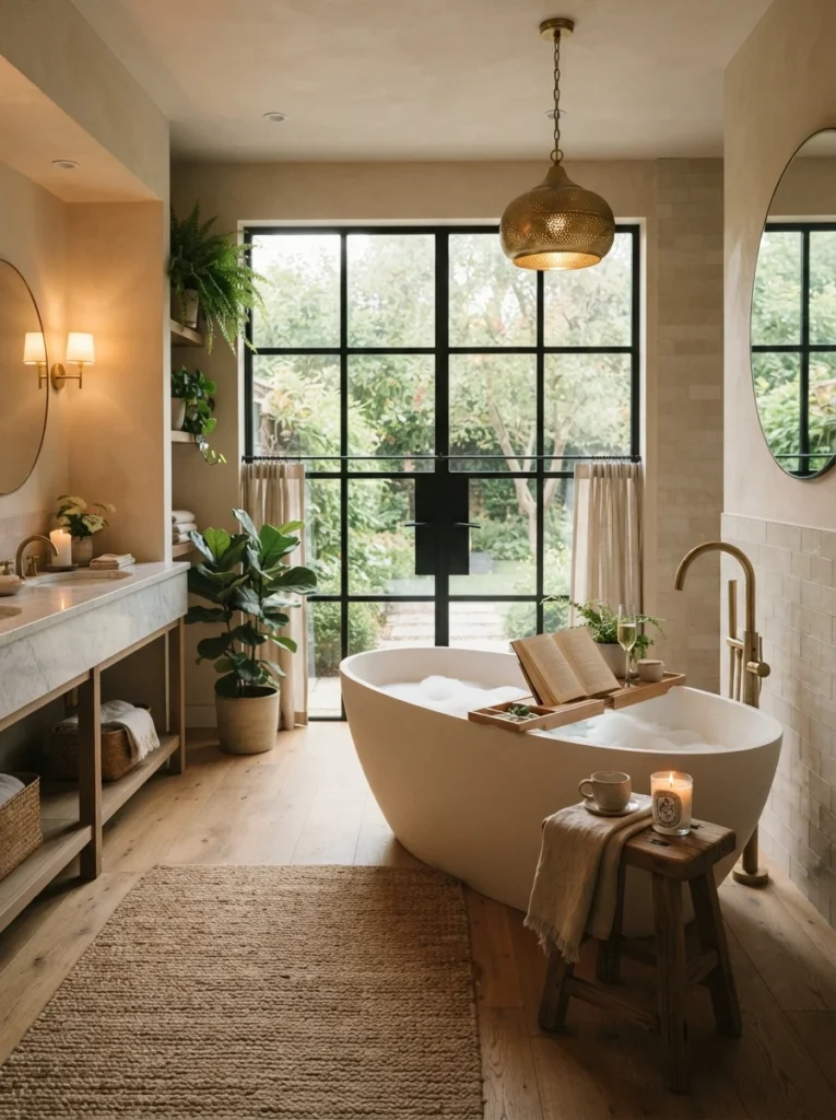 A freestanding soaking tub positioned near a large window in a spa-style bathroom, warm bathroom lighting, vertical Pinterest photography, warm freestanding-tub styling