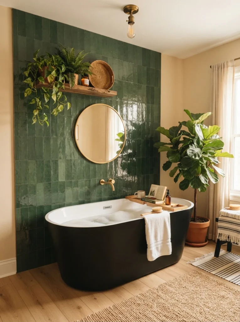 A forest green tile accent wall behind a freestanding tub, bold focal point, warm bathroom lighting, vertical Pinterest photography, warm accent-wall styling.