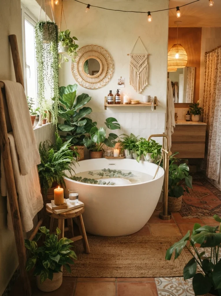 A freestanding tub as the centerpiece of a boho bathroom, surrounded by plants and warm lighting, warm bathroom lighting, vertical Pinterest photography, warm freestanding-tub styling.