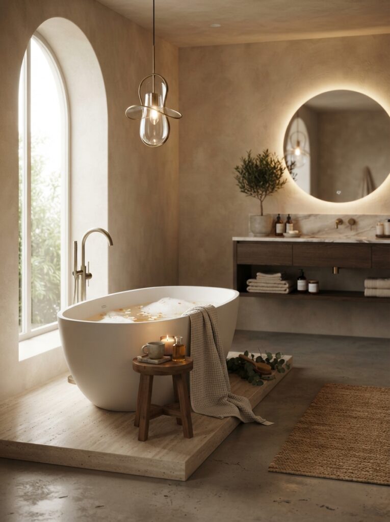 ![A freestanding tub as a sculptural focal point in a modern bathroom, warm bathroom lighting, vertical Pinterest photography, warm freestanding-tub styling.]