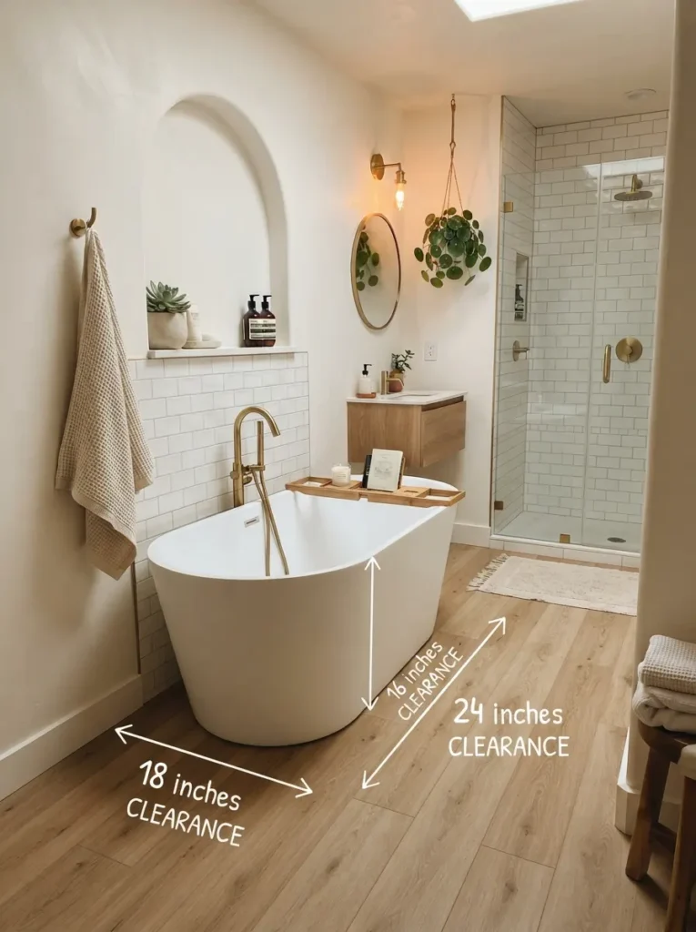 ![A freestanding tub in a small bathroom with proper clearance measured on all sides, warm bathroom lighting, vertical Pinterest photography, warm measured-clearance styling.]