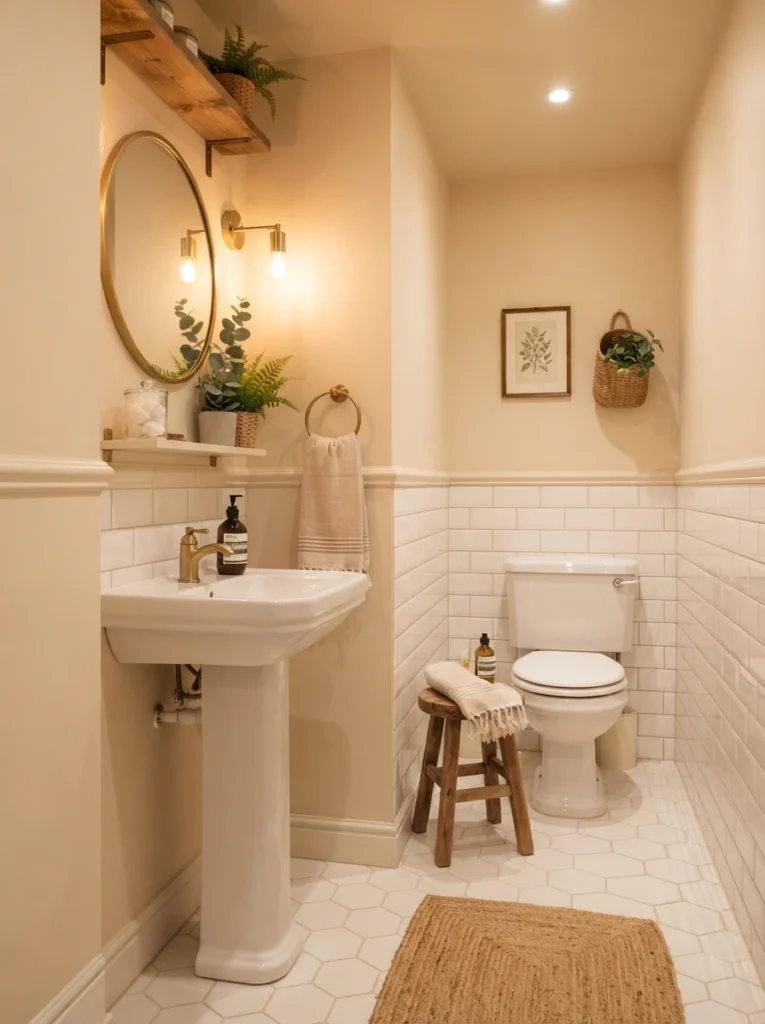 A small bathroom freshly painted in a warm neutral tone, existing tile left untouched, warm bathroom lighting, vertical Pinterest photography, warm paint-refresh styling.