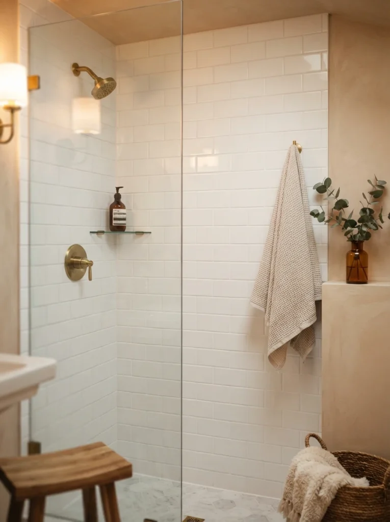 Freshly regrouted tile in a small bathroom, replacing dark dingy grout, warm bathroom lighting, vertical Pinterest photography, warm regrout-refresh styling.