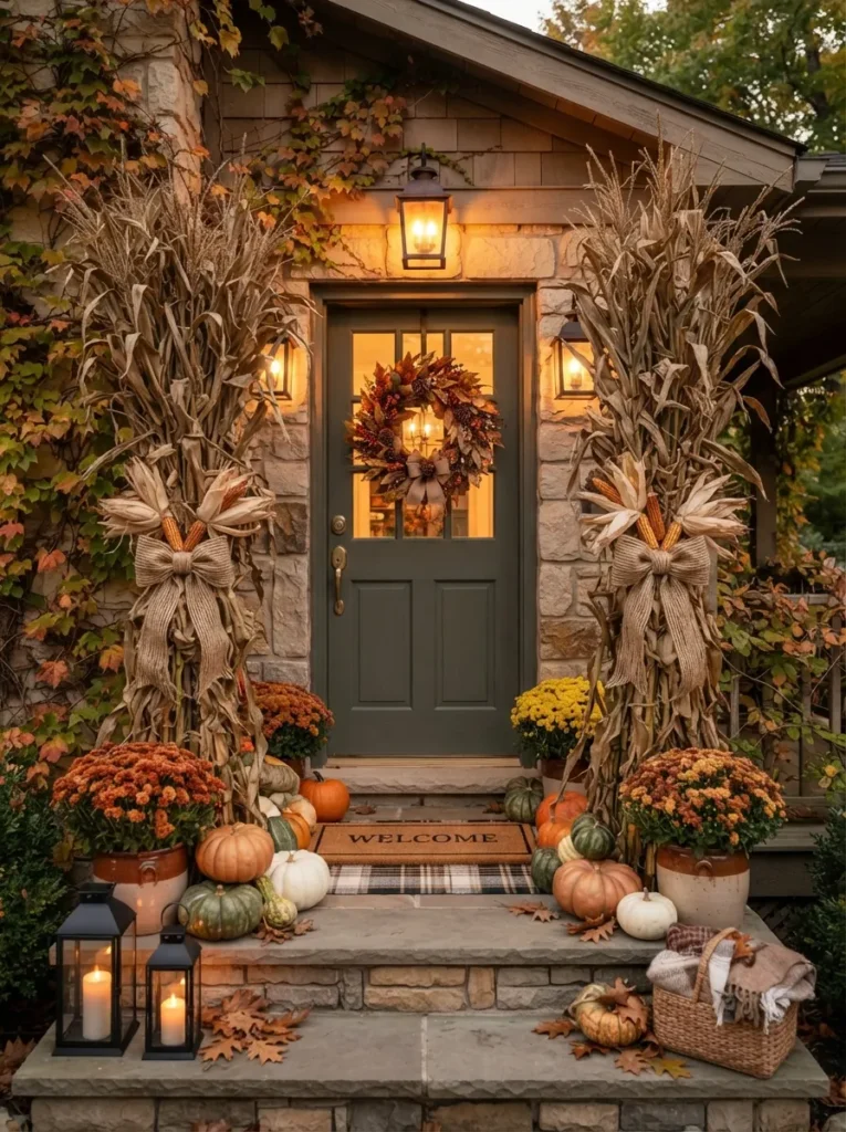 ![A cozy front door symmetrically framed by tall, dried corn stalks tied with thick twine, surrounded by a subtle scattering of autumn leaves, warm amber porch lighting, vertical Pinterest photography, rustic harvest styling.]