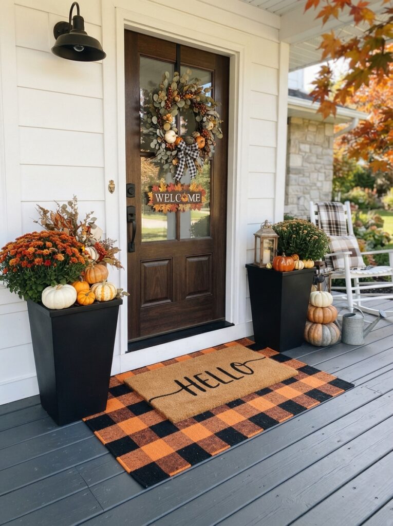 ![A front porch threshold featuring a bold black-and-orange buffalo check rug layered beneath a simple coir doormat, flanked by matte black planters, crisp autumn daylight, vertical Pinterest photography, classic graphic porch styling.]