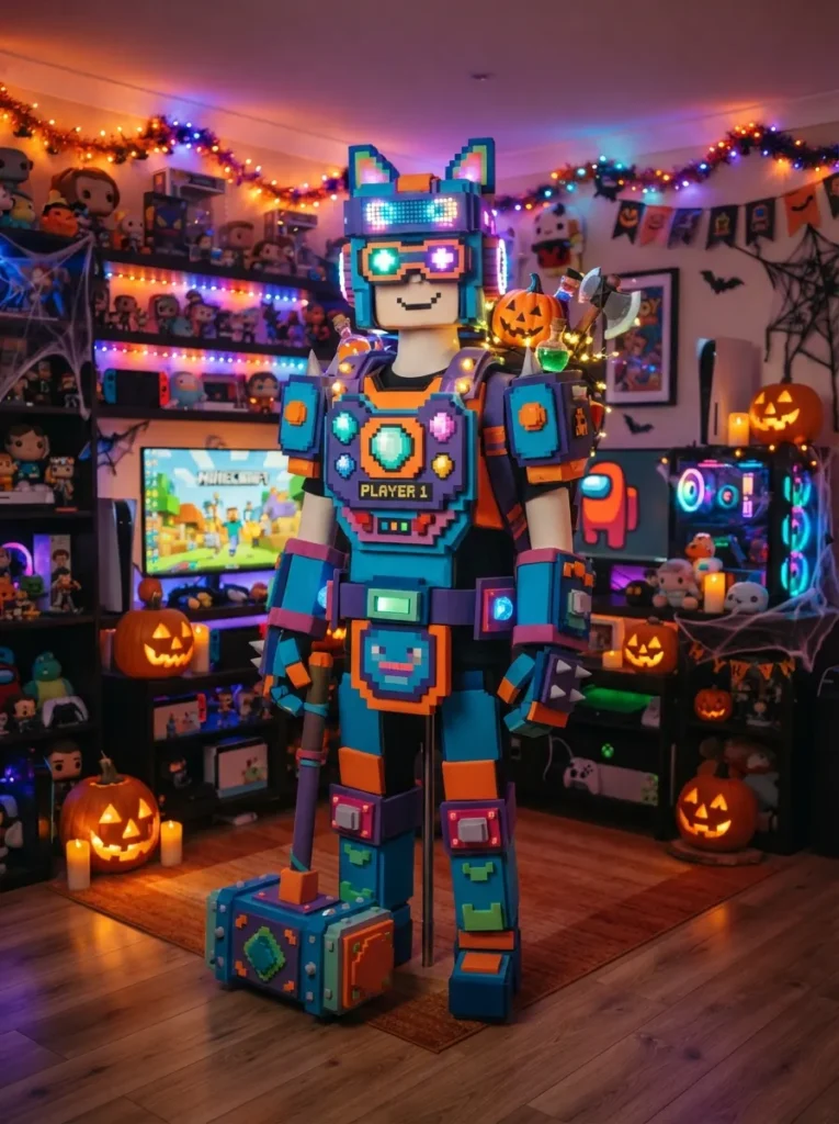 ![Roblox inspired Halloween costume, child wearing a colorful blocky gaming avatar outfit with oversized playful accessories, bright gaming room decorated with Halloween lights and pumpkins, cheerful cinematic lighting, realistic photography, vertical Pinterest composition, no text.]