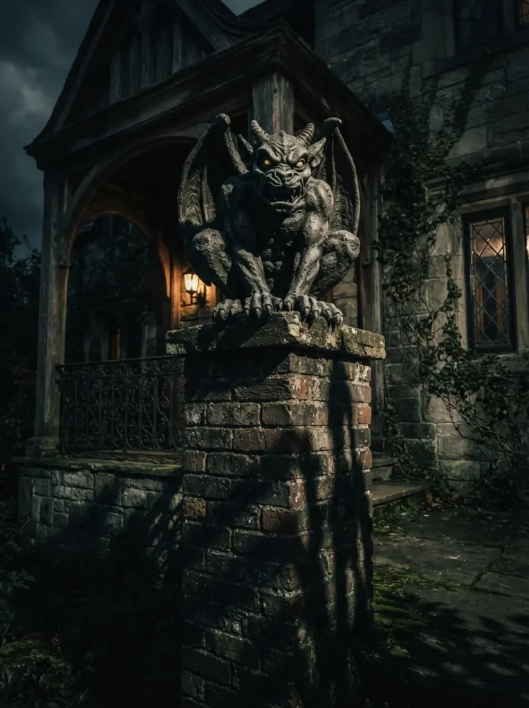 ![A heavy, concrete-look resin gargoyle statue perched aggressively on a brick porch pillar, casting imposing shadows from low-angle lighting, dark moody night, vertical Pinterest photography, haunted castle statuary styling.]