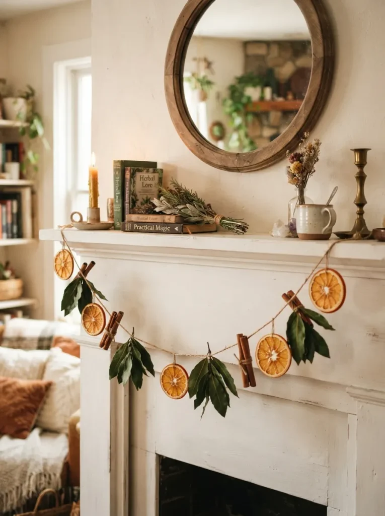 ![A rustic handmade garland of dried orange slices, cinnamon sticks, and dark green bay leaves draped across a white mantel, cozy and natural, warm daytime lighting, vertical Pinterest photography, practical magic styling.]